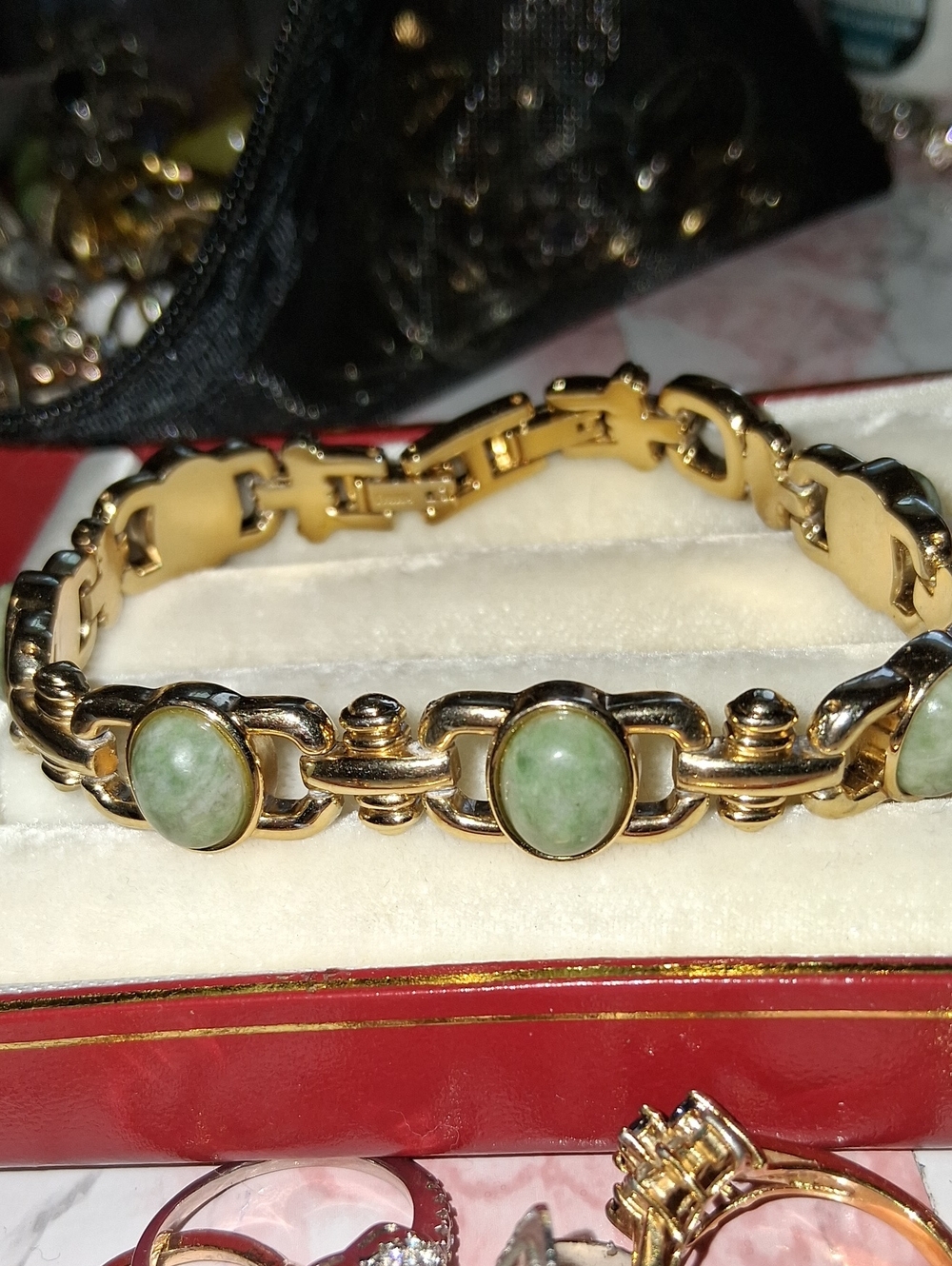 Gold-Tone Bracelet with Green Stone Accents - Women Jewelry
